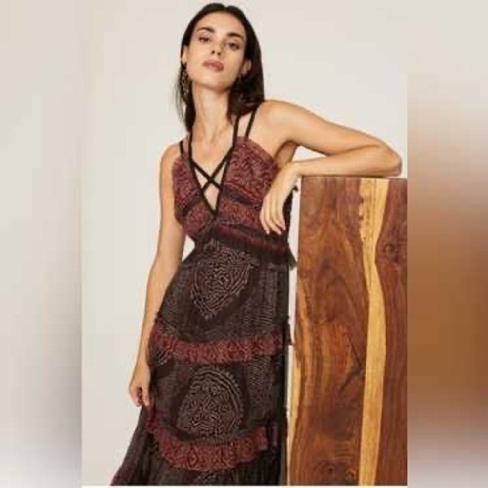 Ulla Johnson Agathe Gown Garnet Silk Crinkle Chiffon Tiered‎ Maxi Dress Size 4 - Picture 3 of 13